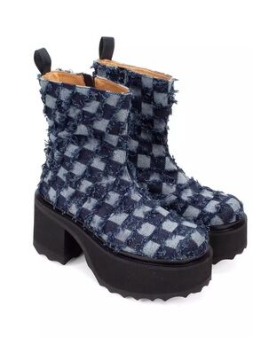 John Fluevog Twirl Blue Checkered Frayed Platform Ankle Boots